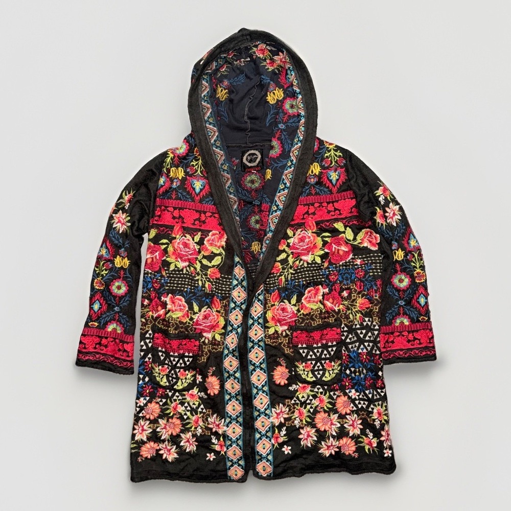 Johnny Was Biya XL Hooded Duster Cardigan Sweater Floral Rose Embroidered Boho